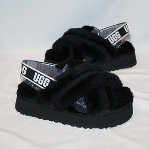 NIB UGG CRISS CROSS‎ PLATFORM SHEARLING SLIDE SLIPPER SANDALS BLACK WHITE